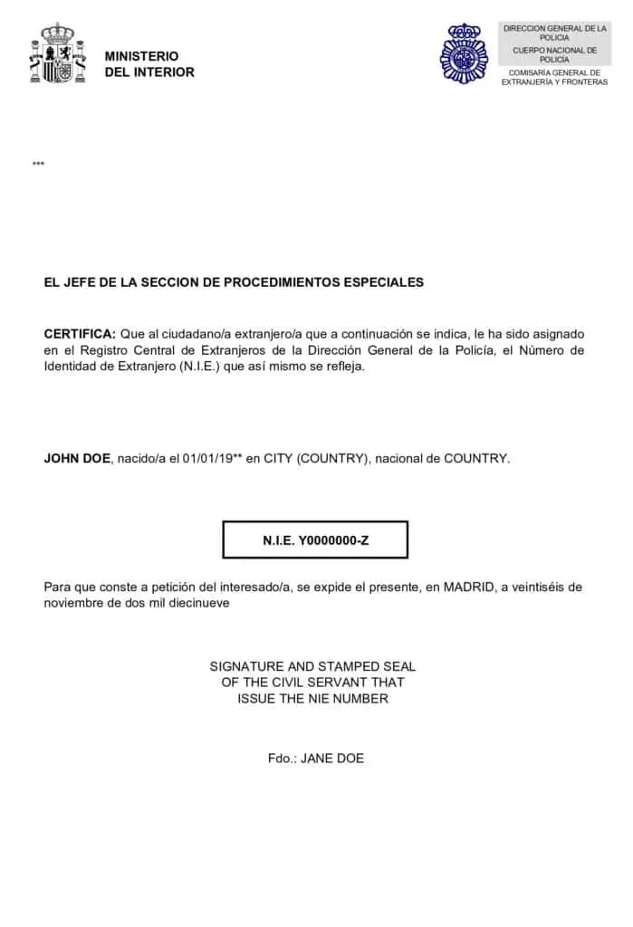 NIE number document example