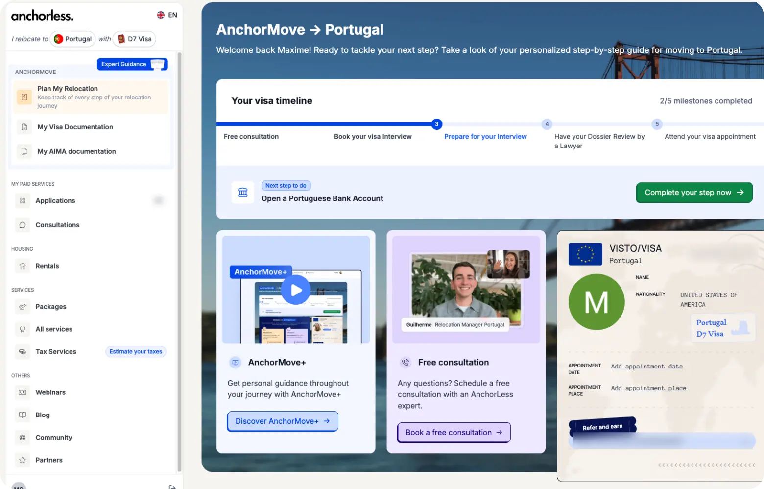 AnchorMoveダッシュボード:ポルトガルのビザ取得スケジュール、次のステップ、無料相談
