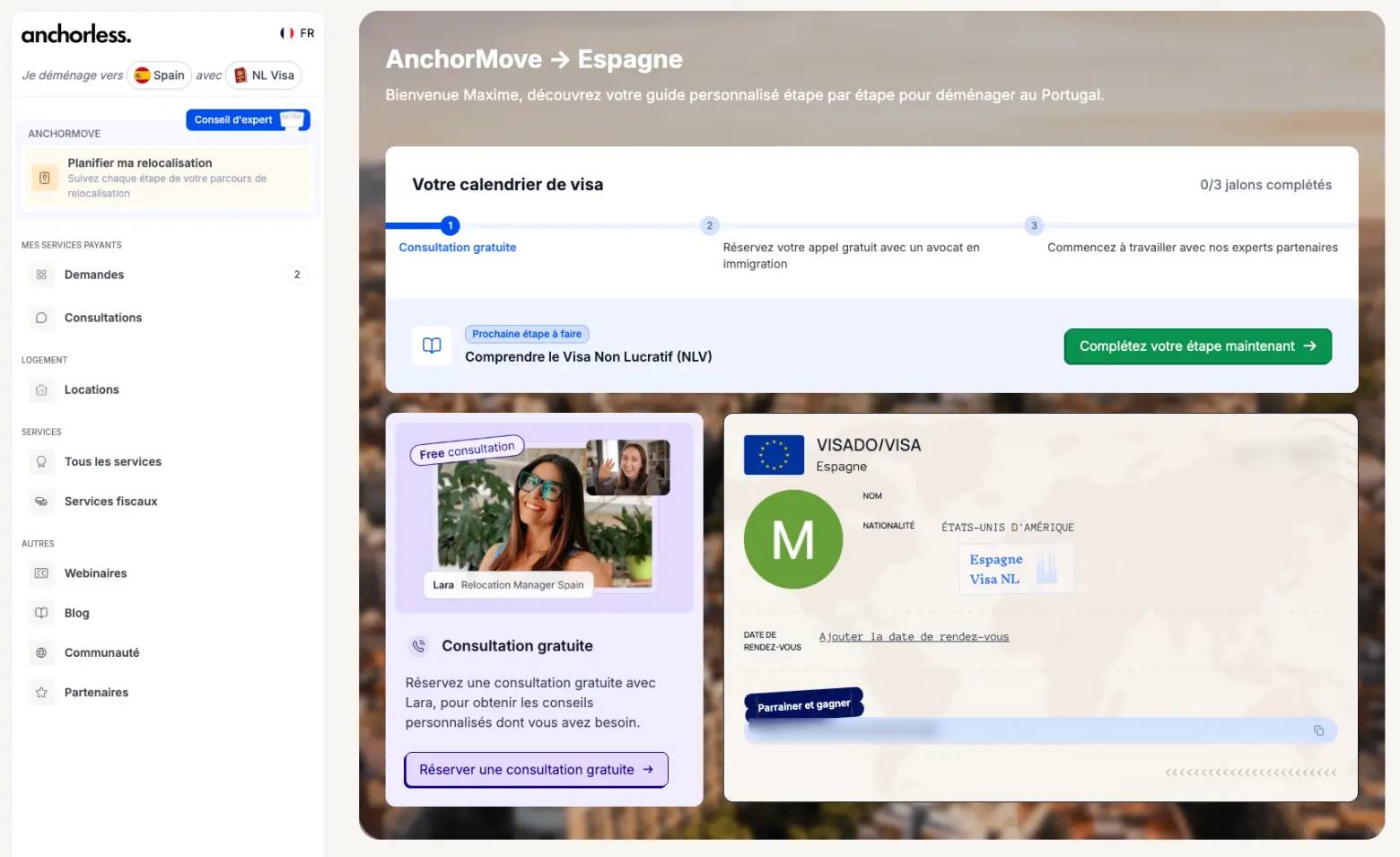 スペイン向けAnchorMoveダッシュボード:ビザのスケジュール、次のステップ、無料相談