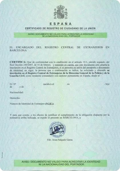 Spain EU green certificate NIE