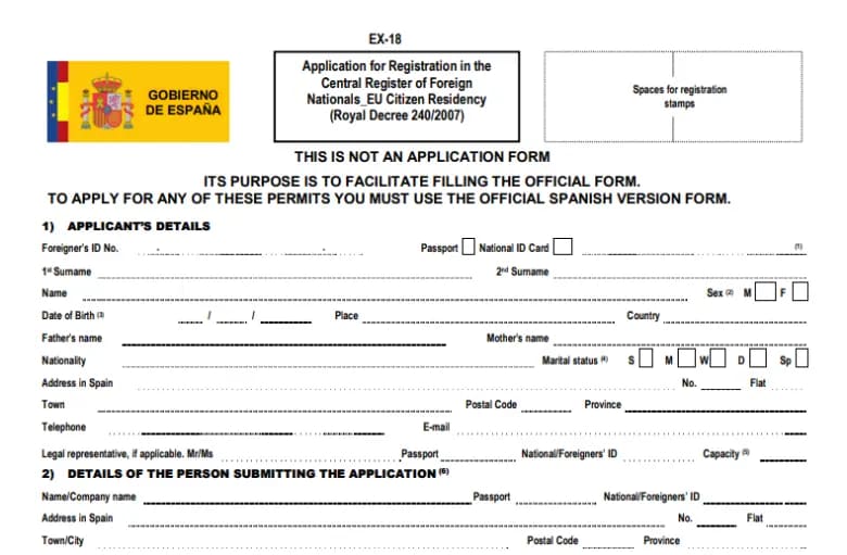form spain residence EU citizen