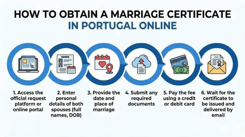 ポルトガルの婚姻証明書(certidão de casamento)をオンラインで取得するための6つのステップを示すインフォグラフィック