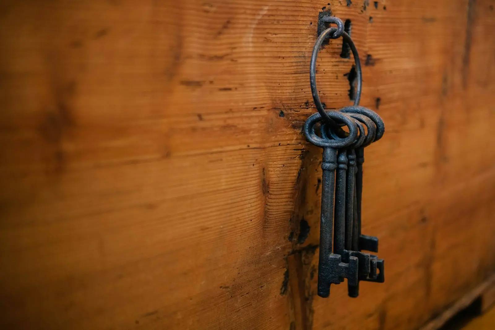 A bunch of old iron keys hanging on a wooden chest